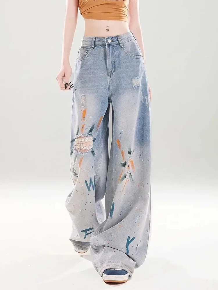 

Hole Painted Vintage Jeans Women High Waist Streetwear American Hip Hop Denim Pants Loose Retro Female Pockets Print Trousers