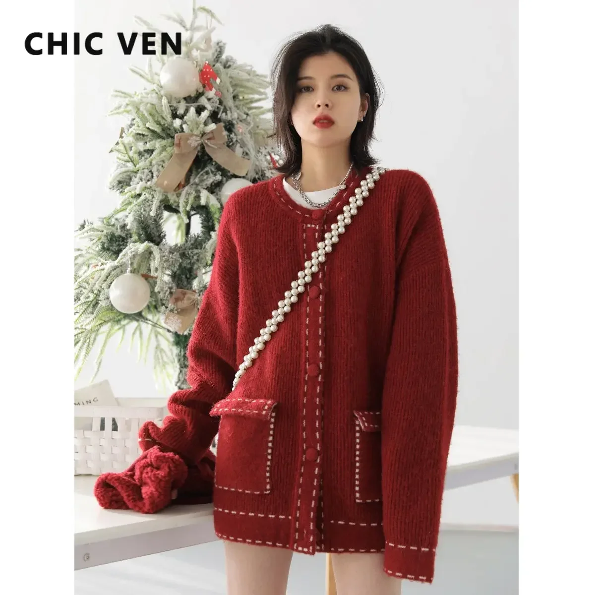 CHIC VEN Korean Fashion New Year Knit Vintage Loose Contrast Quilted Sweater Knitwears Female Tops Woman Autumn Winter 2024