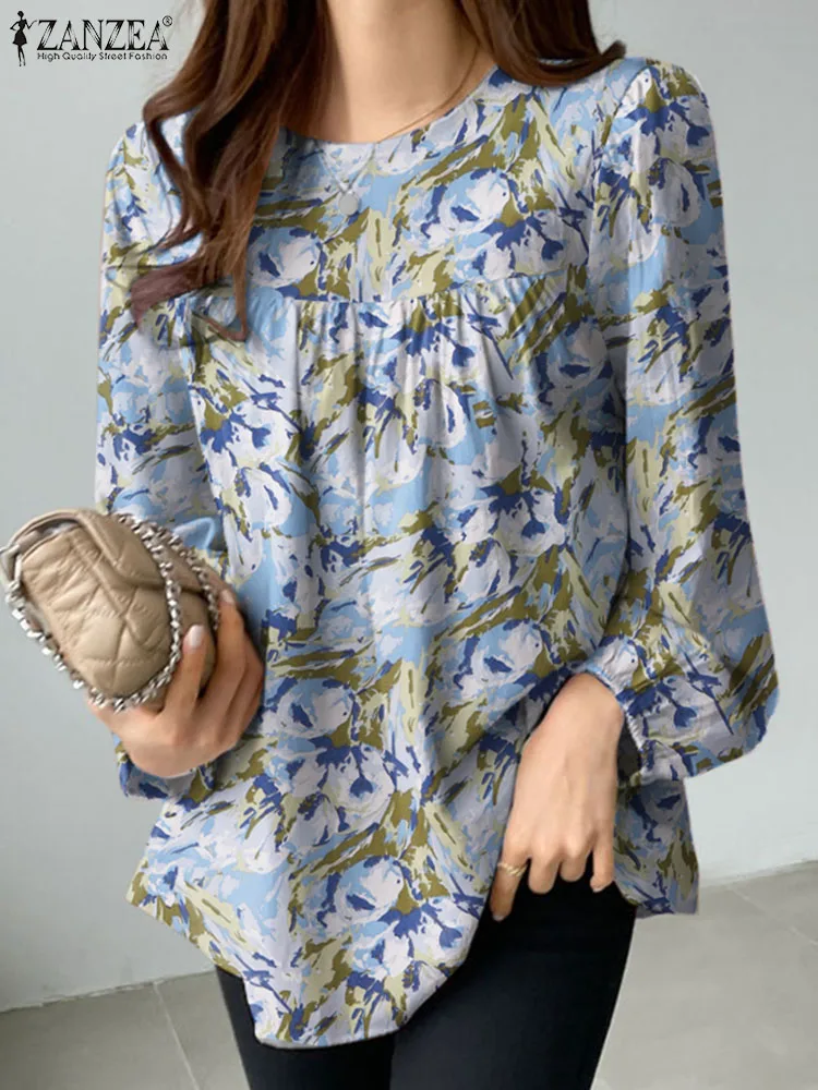 ZANZEA Fashion Floral Printed Blouse Femme Puff Sleeve O Neck Tops Casual Holiday Shirt Elegant Elastic Cuff Chemise Oversized