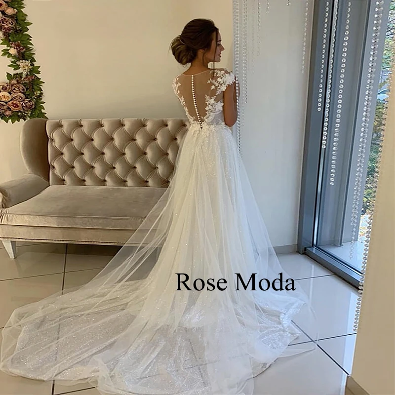 Rose Moda Cap Sleeves Glittering Wedding Dresses 3D Floral Lace Destination Bridal Gown Custom Make