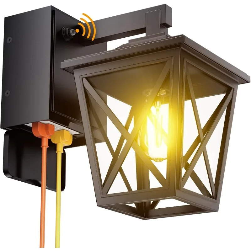 Porch Lights with Outlet, Dusk to Dawn Light with GFCI Outlet, Wall Sconce Light with Plug for Front Door (Black 1PC)，home.