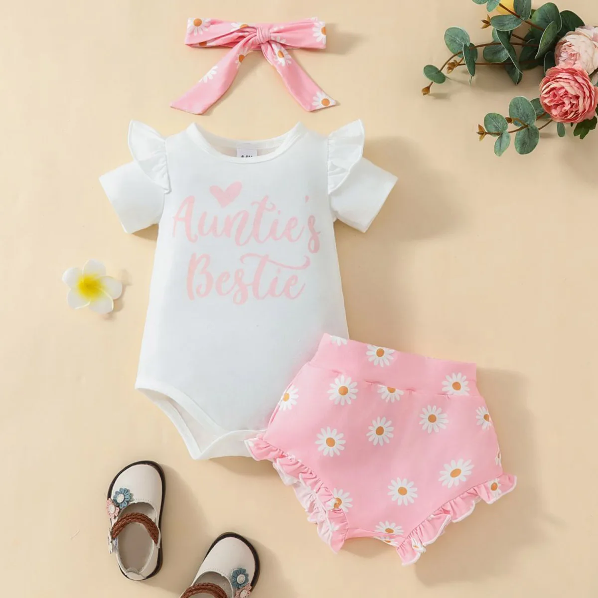 0-18m Baby Girl Cute and Simple Korean Style Small Flying Sleeves Letter Printed Triangle Romper + Chrysanthemum Briefs + Headband 3Pcs