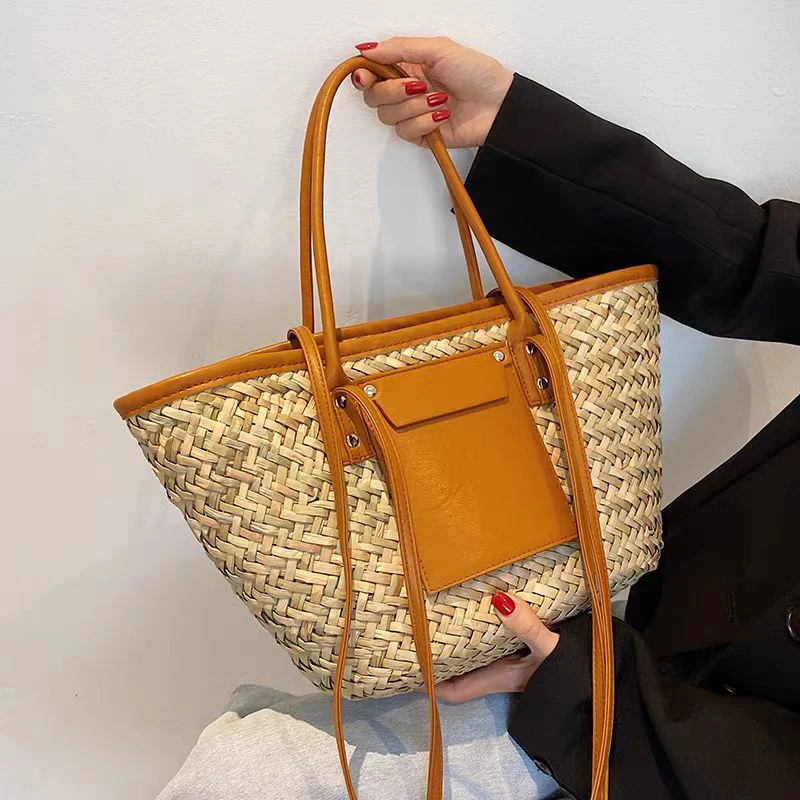 Women Straw Woven Tote Bag,fashion Rattan Handbag,large Capacity Ladies Summer Beach Shoulder Bag Multifunctional Shopping Bag