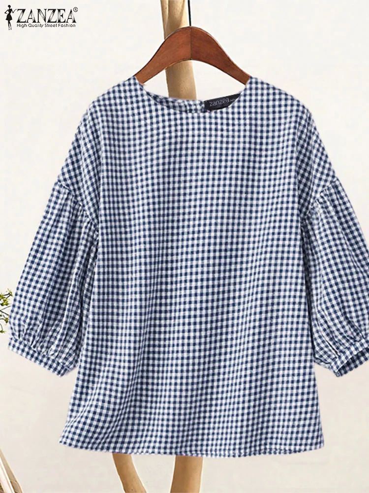 

ZANZEA Casual Gingham Blouses Women 2025 Autumn Round Neck 3/4 Lantern Sleeve Blusas Mujer Stylish Chic Button-Back Checked Tops