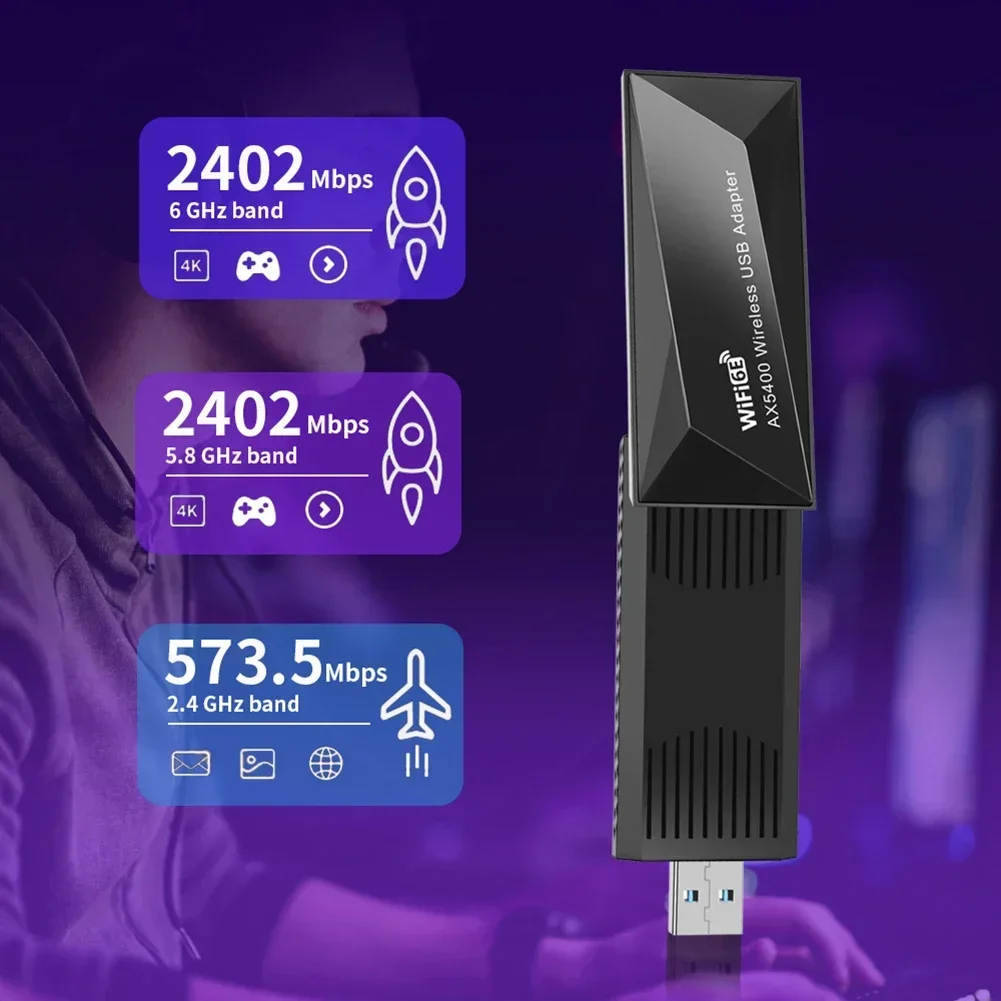 5400Mbps 와이파이 6E 네트워크 카드 USB 3.0 와이파이 어댑터, 트라이 밴드 2.4G 5G 6G 와이파이 리시버 동글, PC 노트북 윈도우 11 10