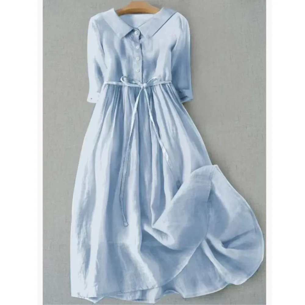 

Весенне-летняя новая женская одежда, однотонное платье с лацканами и рукавами «пять четвертей», хлопково-льняная повседневная длинная юбка со шнуровкой на талии