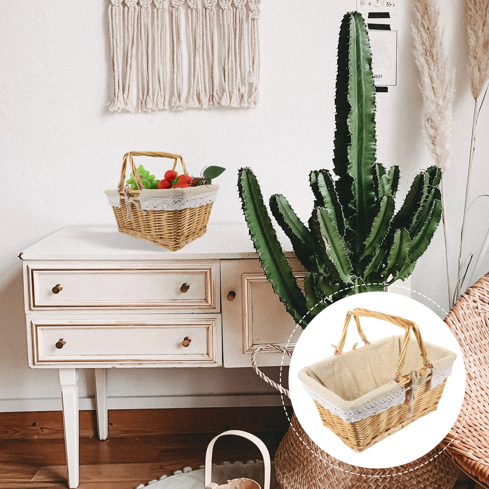 

Picnic Basket Handbasket Cloth Liner Garden Woven Storage Camping Wicker for Portable Shopping Fruit