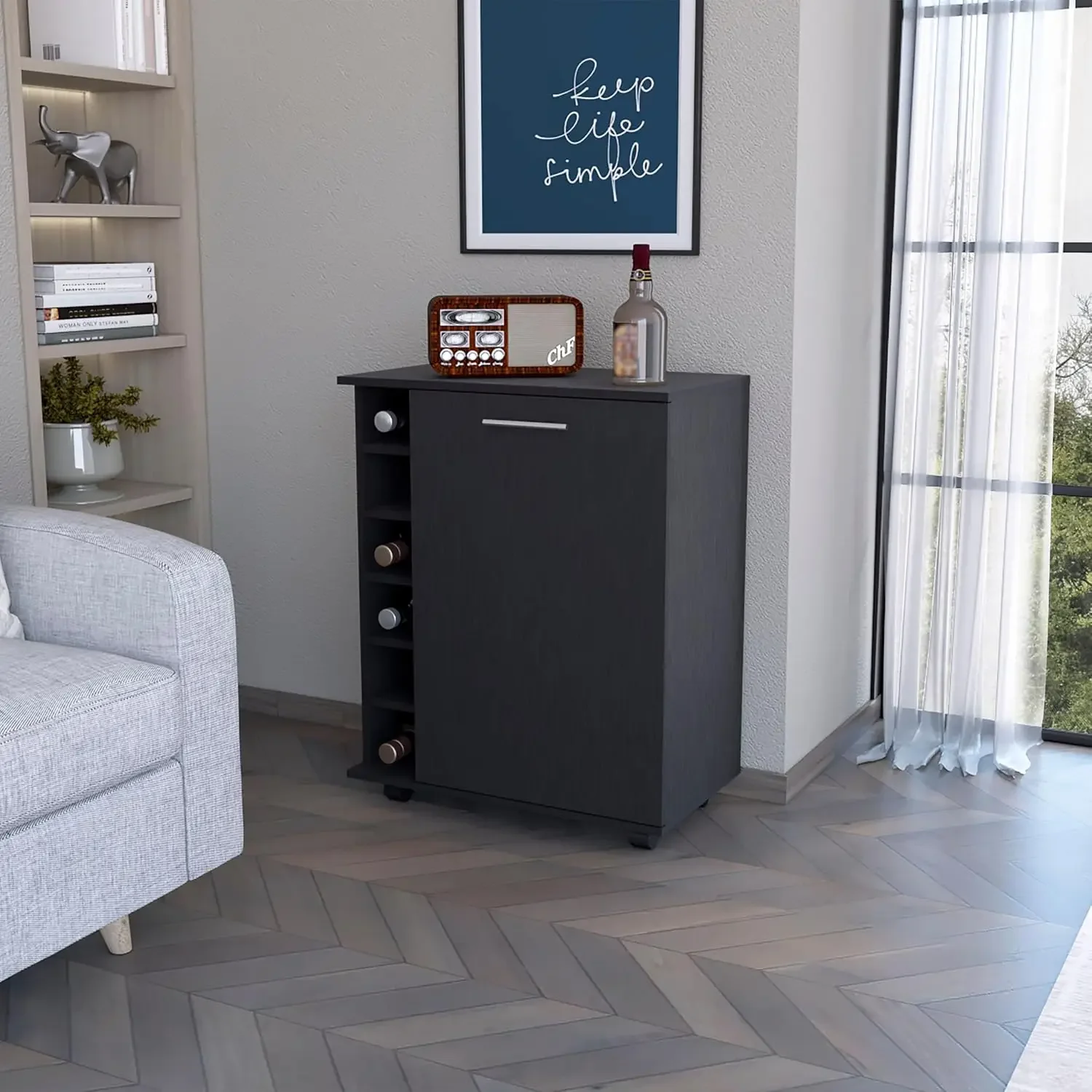 Wenge Rolling Kitchen Island Bar Cart with Wine Rack and Storage Cabinet | Mobile Serving Station with Four Smooth Casters and E
