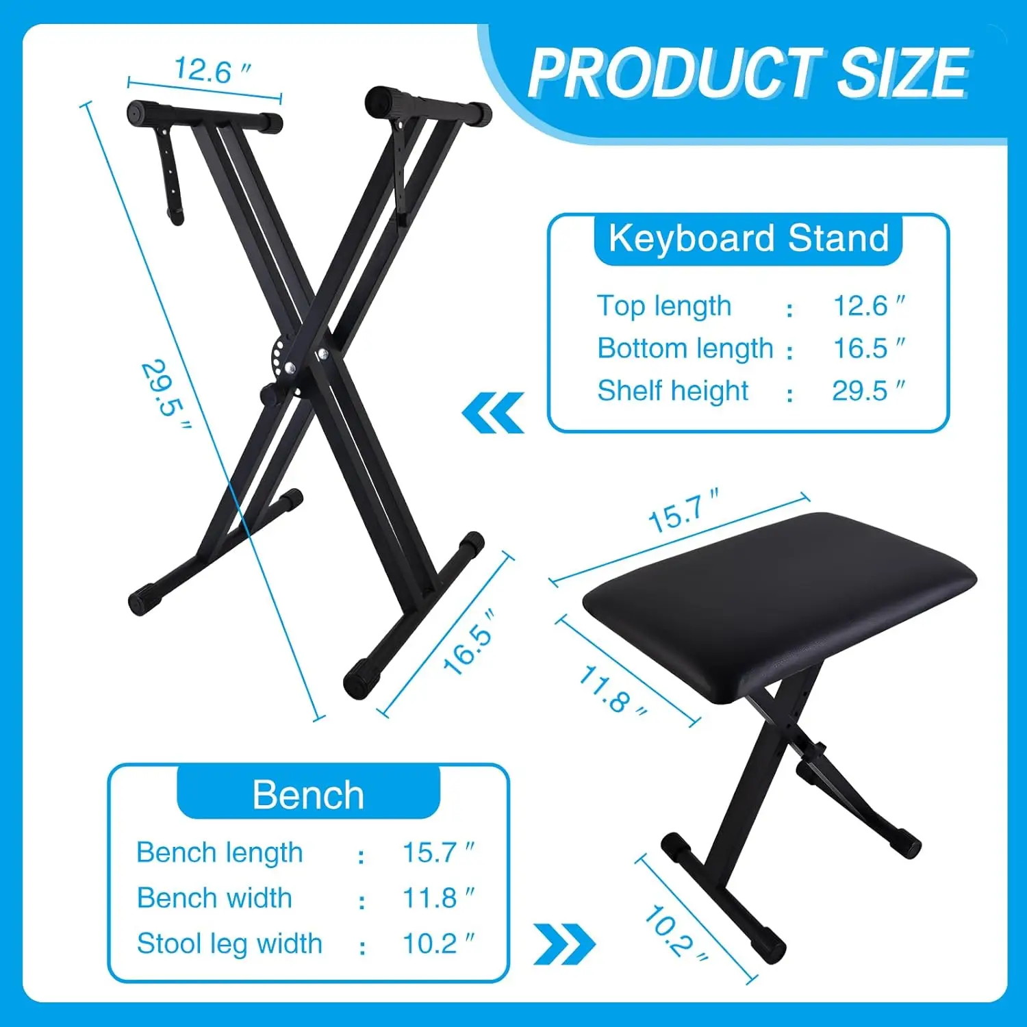 Keyboard Stand and Bench Set, Double-X Keyboard Stand Adjustable Digital Piano Stand with Lockable Straps, (Piano Keyboard