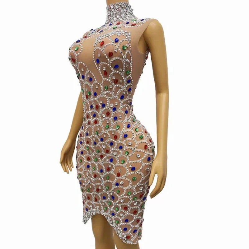 Kolorowa Sukienka Wieczorowa z Dużymi Kamieniami, Elastyczna, Seksowna, Przezroczysta Siateczka, Kostium na Imprezę, Urodziny, Strój XS6841