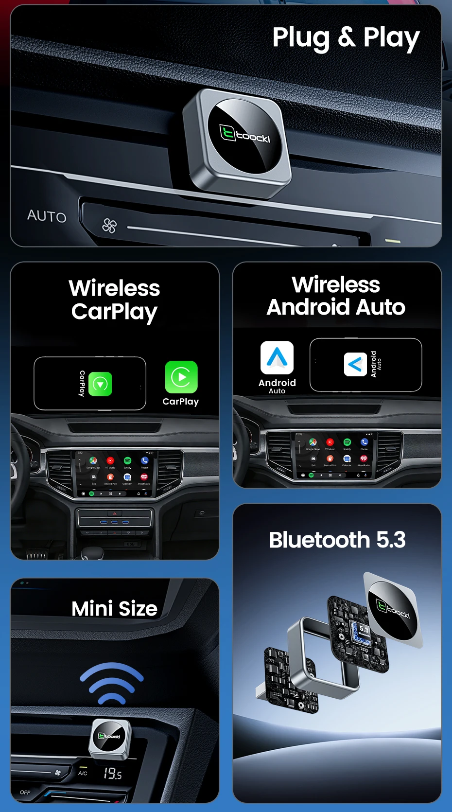 Toocki 2-in-1 Kabelloser CarPlay & Android Auto Adapter BT 5.3 WiFi 5G 2.4G Plug & Play USB-C für iPhone Android Auto mit kabelgebundenem CarPlay – Detail 2