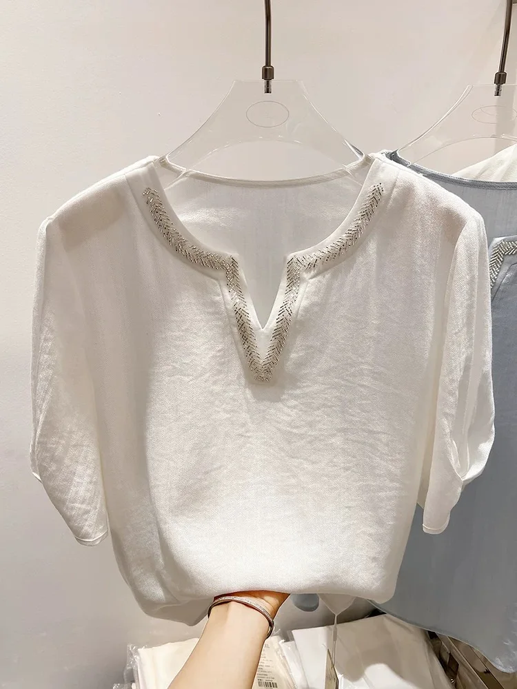 قميص نسائي فضفاض بأكمام قصيرة وياقة على شكل V، تصميم أصلي أنيق لفصل الصيف، مزين بالخرز والألماس، قميص أبيض فضفاض