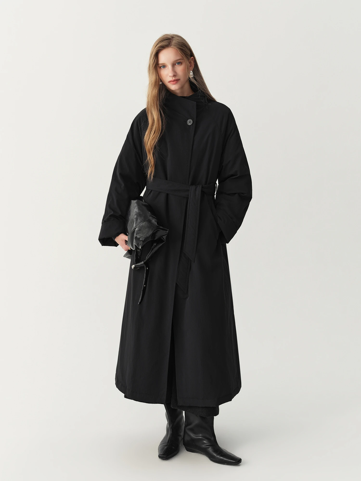 FSLE 2026 Winter Women's Commute Stand Collar Direct Down Fill Trench Inspired Down Mid Long Puffer Coat Warm Quilted Outerwear