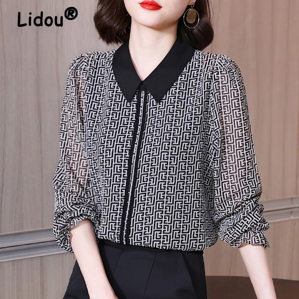 

Lattice Vintage Women Chiffon Blouse Spring Summer Long Sleeves Lapel Fashion Office Wear Pullovers Loose Women's 5XL Shirt 2022