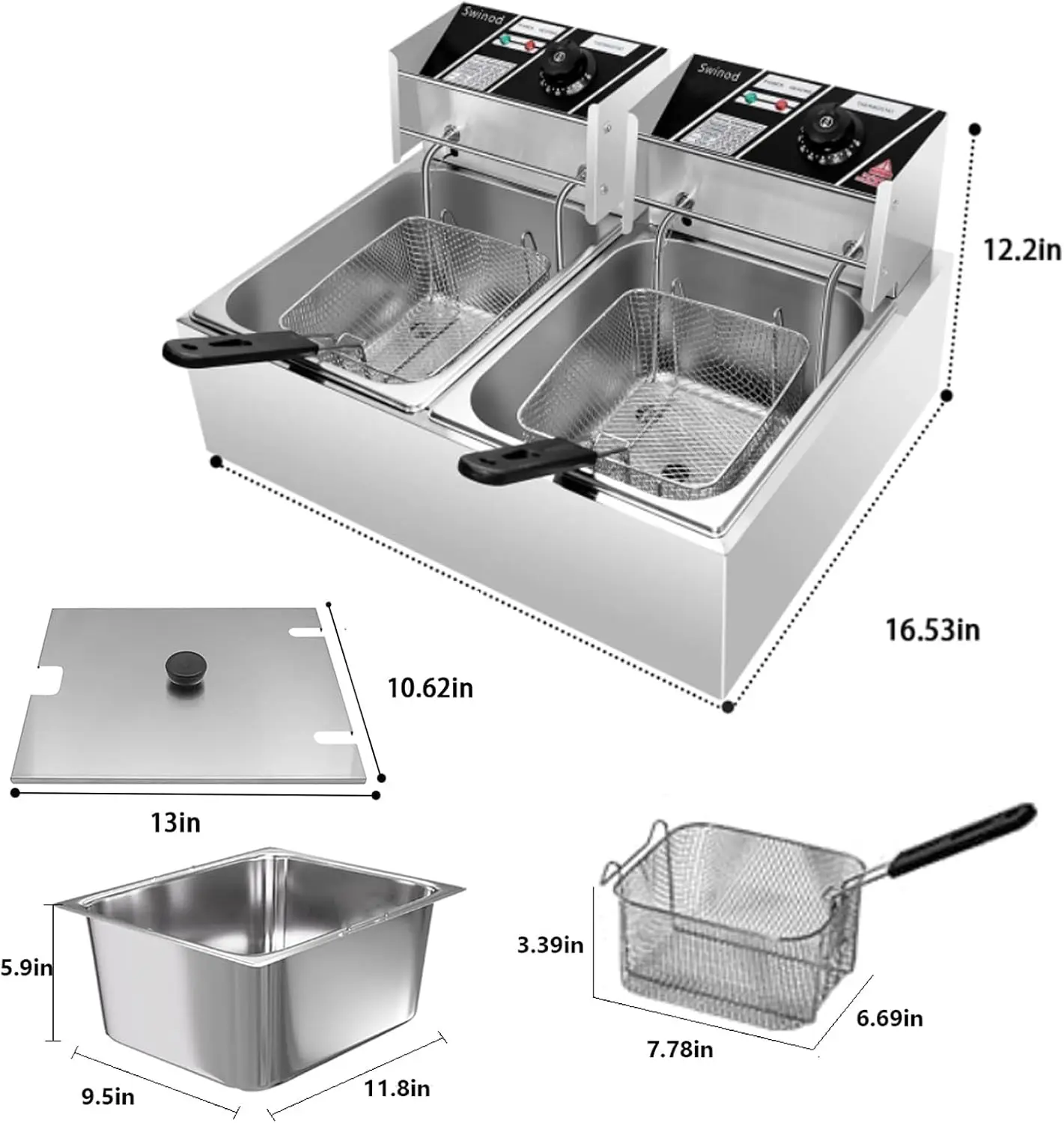 Commerciële Friteuse Met Mand, Dubbele Tank Grote Capaciteit 3400W, Roestvrij Staal Elektrische Friteuse 22.8qt