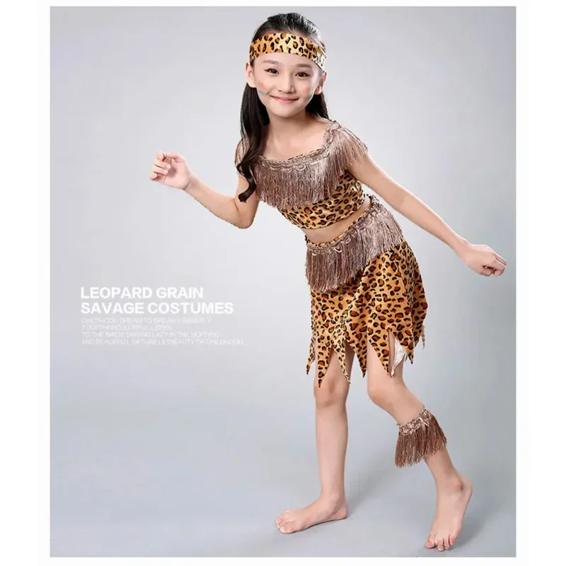 Children Savage Caveman Costumes Boy Leopard African Tribal Hunter Clothing For Girl Performance Cosplay Dress B12