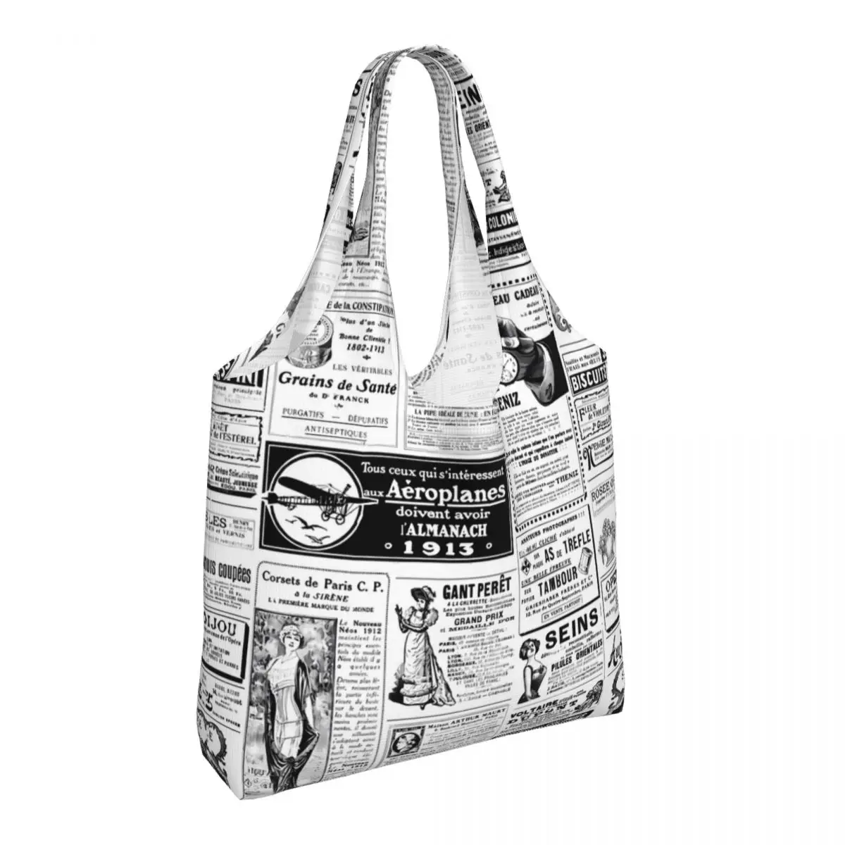 Victorian Newspaper Shopper Bag Black White Letter Casual Handbags Cloth Work Tote Bag Women Print Shopping Bags