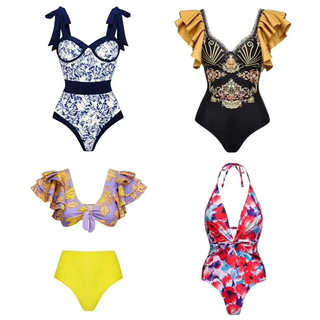 

Sale Ruffle Shoulder One Piece Swimsuit and Sarong Women Swimwear Push Up Bathing Suit Monokini