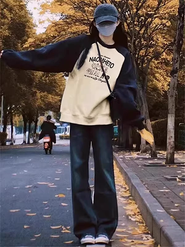 

Женская толстовка оверсайз в американском ретро-стиле с цветовыми блоками, на флисовой подкладке, осенне-зимняя, свободного кроя, в корейском стиле, универсальная, 2300 Pounds