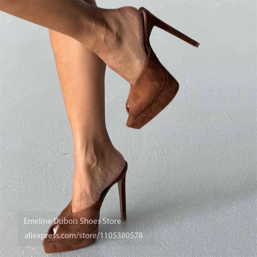 

Brown Suede Peep Toe Platform Mule Stiletto Sandals Slip on Backless High Heel Pumps Elegant Sexy Nightclub Party Women Shoes