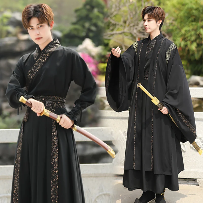 

Large Size 3XL Chinese Hanfu Men Vintage Embroidered Black Hanfu Suits Male Halloween Carnival Cosplay Costume Hanfu For Women