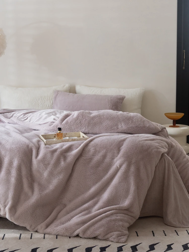  Minimalist Coral Fleece Four-Piece Bedding Set Winter Double-Sided Fluffy Pure Color Bed Sheet Cover Duvet Cover