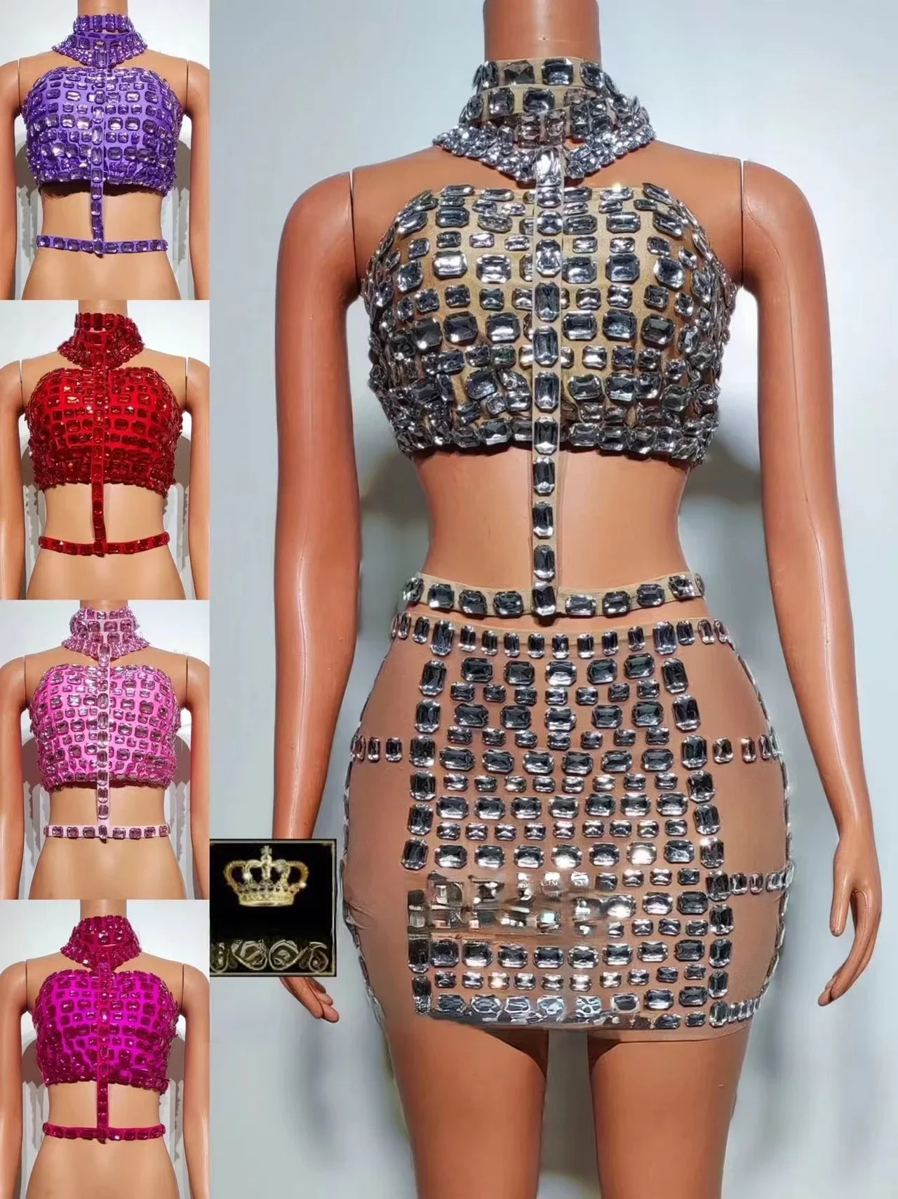 Diamond Hollow Short Dress DJ Singer Dance Team Stage Party Prom Performance Costume Event showgirl dance outfit