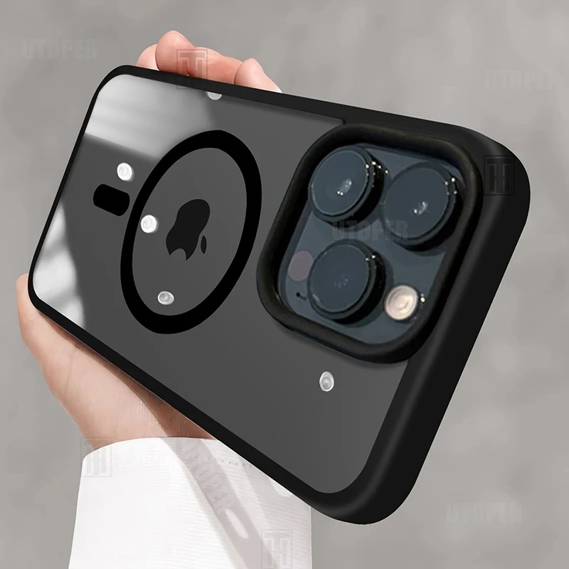 Funda negra de negocios acrílica anticaída de alta calidad para iPhone 16 15 14 13 12 11 Pro Max Plus cubierta dura transparente Magsafe magnética