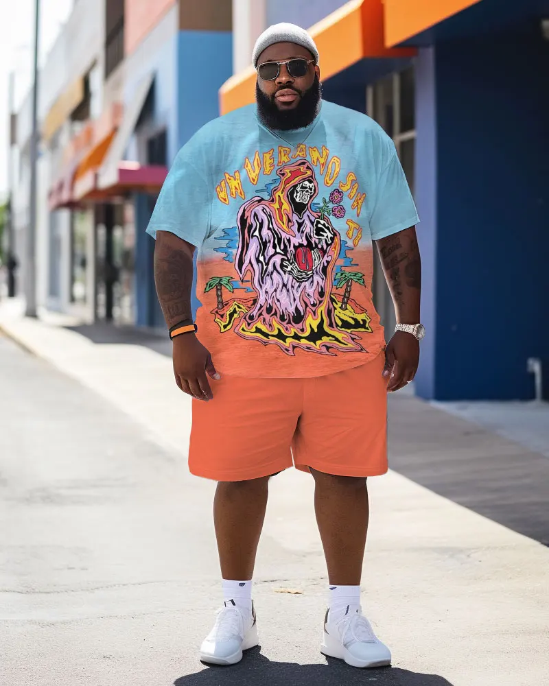 Biggmans L-9Xl Plus Size for Men's Skeleton Clothing Pink Print Pattern Short Sleeves Shorts Cartoon T-Shirt Big and Tall L-9Xl