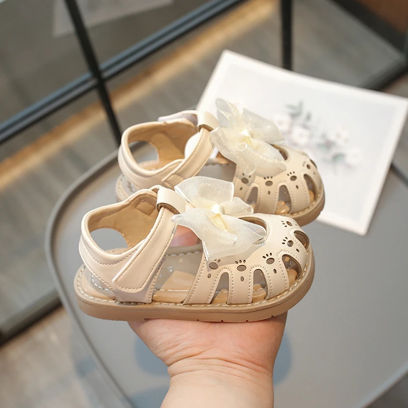 2024 Summer Girl\'s Sandals Hollow-out Pink Beige Toddler Kids Sliders Cover Toe Breathable Hook-loop Fashion Children Shoes