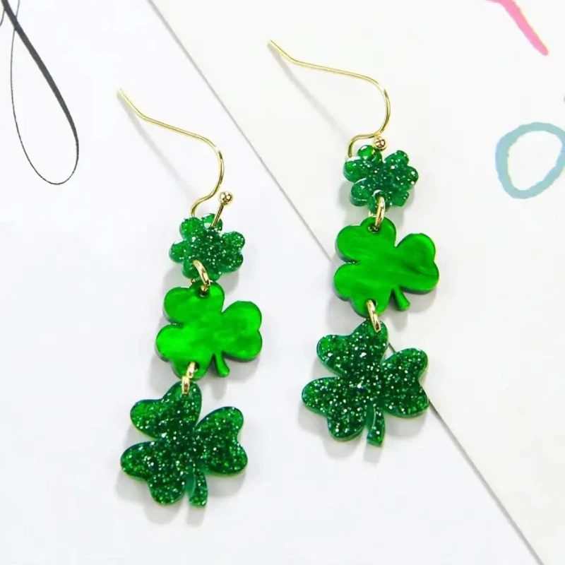 Fashion Green Clover Earrings For Women Fashoin Glitter Acrylic Drop Earrings Holiday St. Patrick Jewelry Gift
