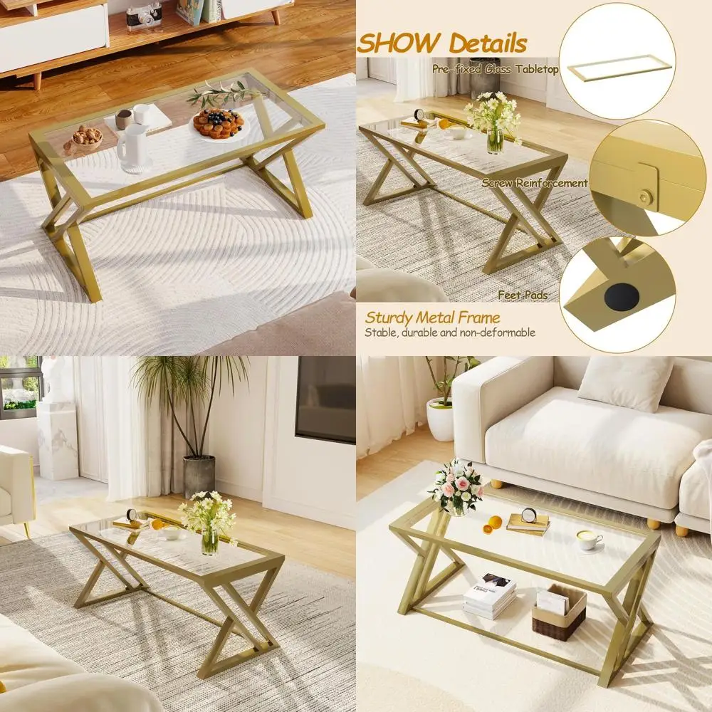 

Modern Rectangular Glass Coffee Table with Metal Frame for Living Room, Bedroom, and Home Office