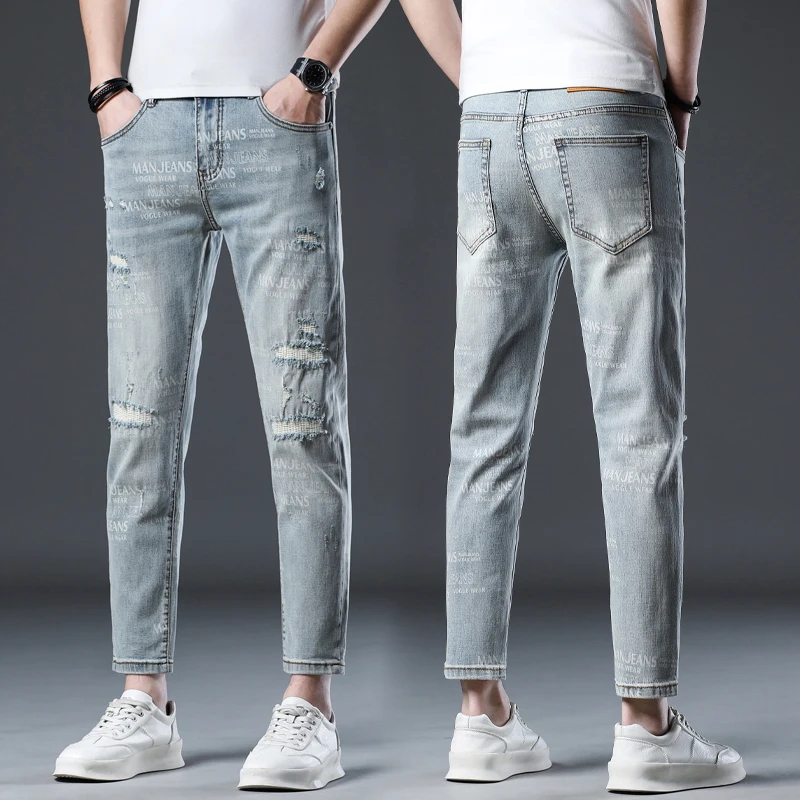 Ripped Jeans Men Ankle Lenth Pants Skinny Fit Light Blue Stretch Printing Letters Distressed Hip Hop Streetwear Men's Clothing