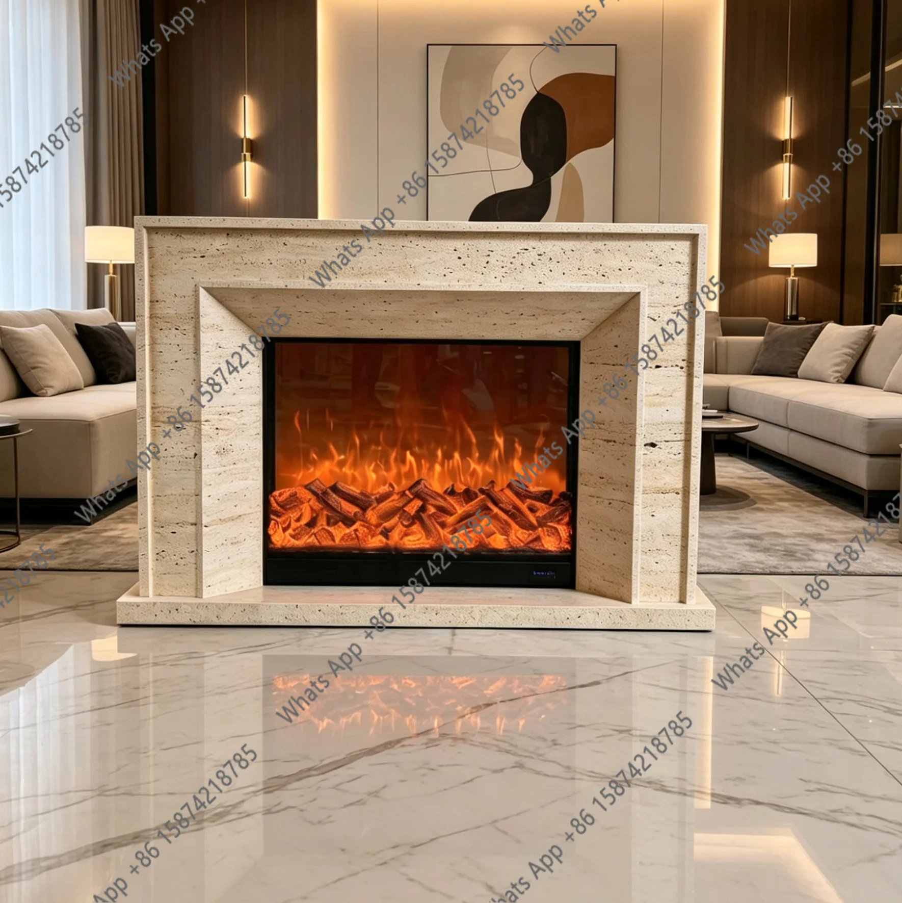 Modern  imitation marble travertine fireplace cabinet living room  electronic fake flame fireplace rack decorative entrance