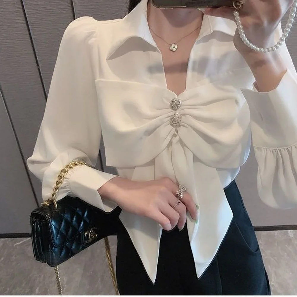 Bow Tie Women Shirt Office Women Long Sleeve Top V Neck Spring and Autumn Coat Korean Fashion French Shirt Grace Cheap Wholesale