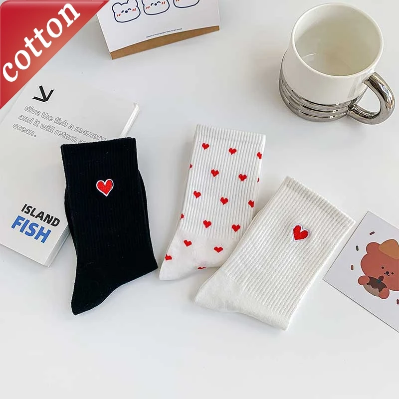 3 Pairs Women's Socks Set Japanese Breath Comfort High Quality Cotton Socks For Girl Heart Embroidery Simple Kawaii Cute Sweet