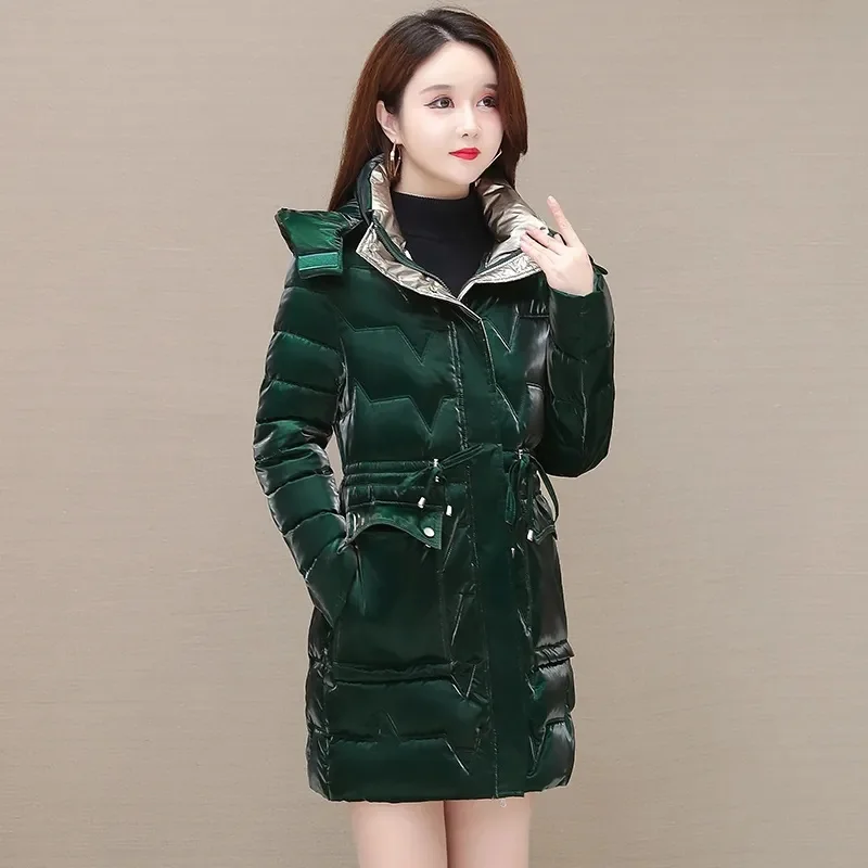 Pearlescent Bright Face Wash Free Down Cotton Coat Women Mid length Slim Fit Cotton Coat 2023 New Cotton Coat Shows Slim Weight