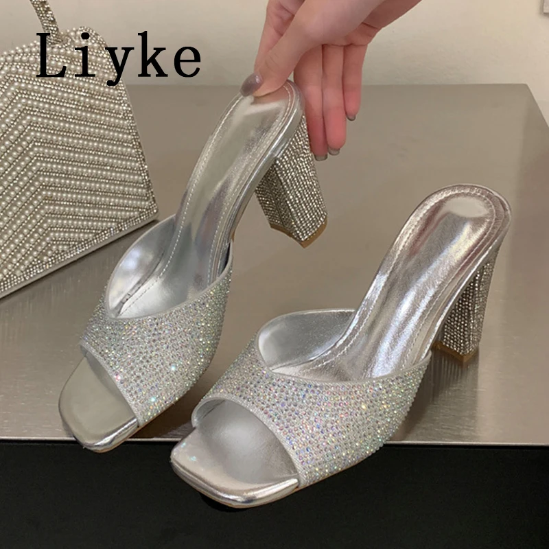 

Liyke New Fashion Glitter Rhinestones Square High Heels Slippers For Women Sandals Elegant Open Toe Party Prom Shoes Size 35-41