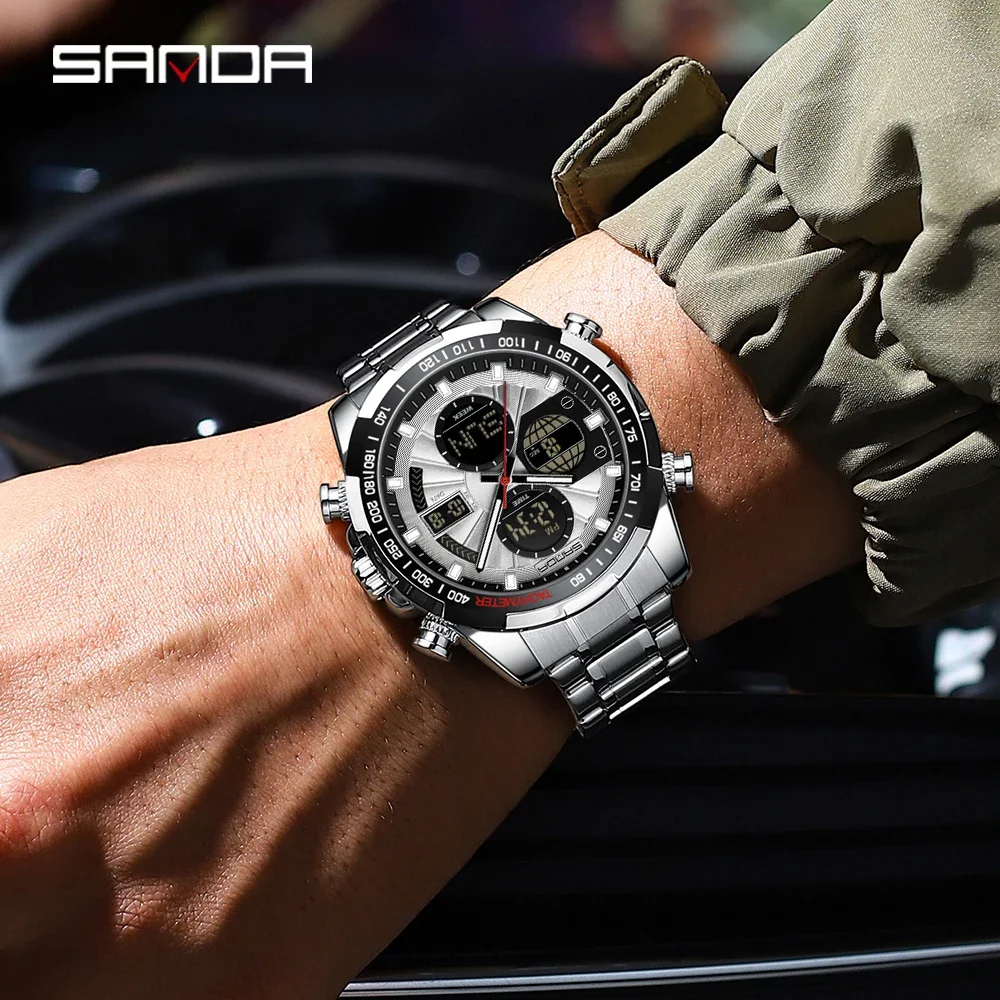 SANDA Men's Quartz Electronic Watch Dual Display Sports Multi functional Waterproof LED Night Light Men's Electronic Watch 5105(