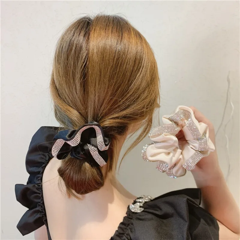 Trendy Diamond Chain Satin Scrunchy Elastic Hair Band for Women Boutique Korea Full Rhinestone Shining Silk Rubber Band Headband