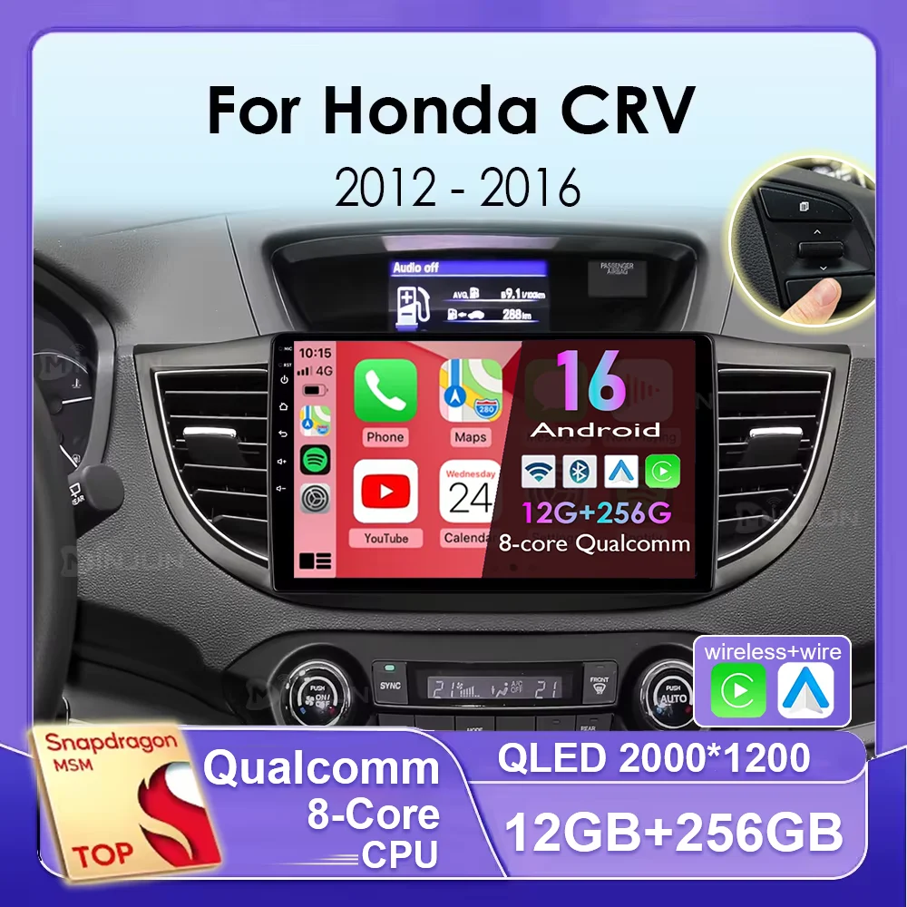 Radio para Auto Android 16 con Qualcomm Multimedia para Honda CRV CR-V 4 RM RE 2012-2016, Reproductor de Video, 4G Carplay, GPS, Navegación, Unidad Principal