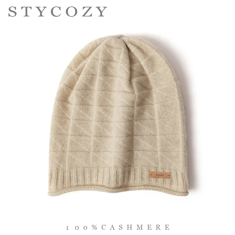 100%Cashmere Women Slouchy Beanie Geometric Jacquard Knit Ribbed Brim Solid Skull Cap Lightweight Fall Winter Warm Unisex Hat