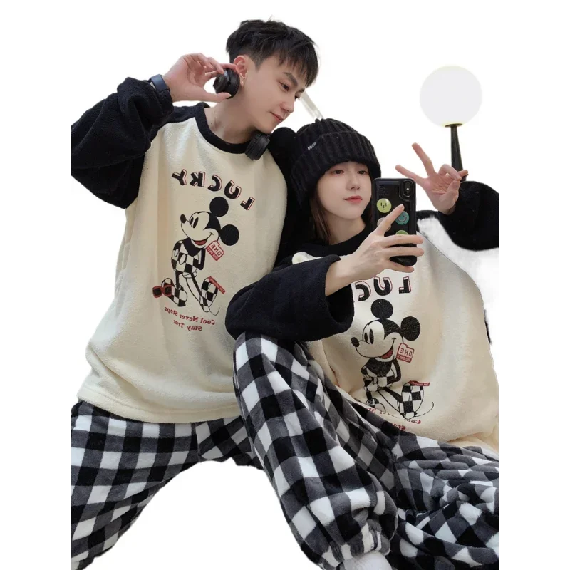 Disney Mickey Winter New Coral Fleece Couple Pajamas Fleece Thickened Warm Cartoon Comfortable Loungewear Two-piece Set