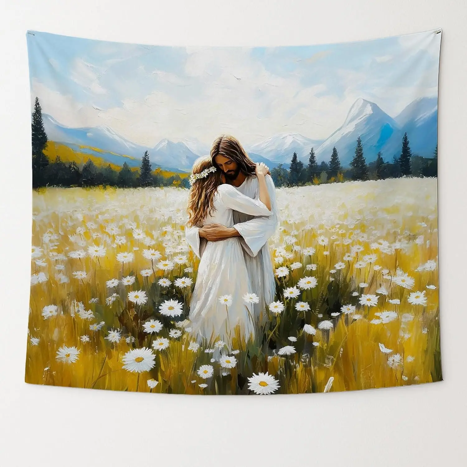 Divine Love Christian Tapestry Wall Hanging Jesus and Woman in Flower Field Pastoral Biblical Art Home Decor Polyester Polyester