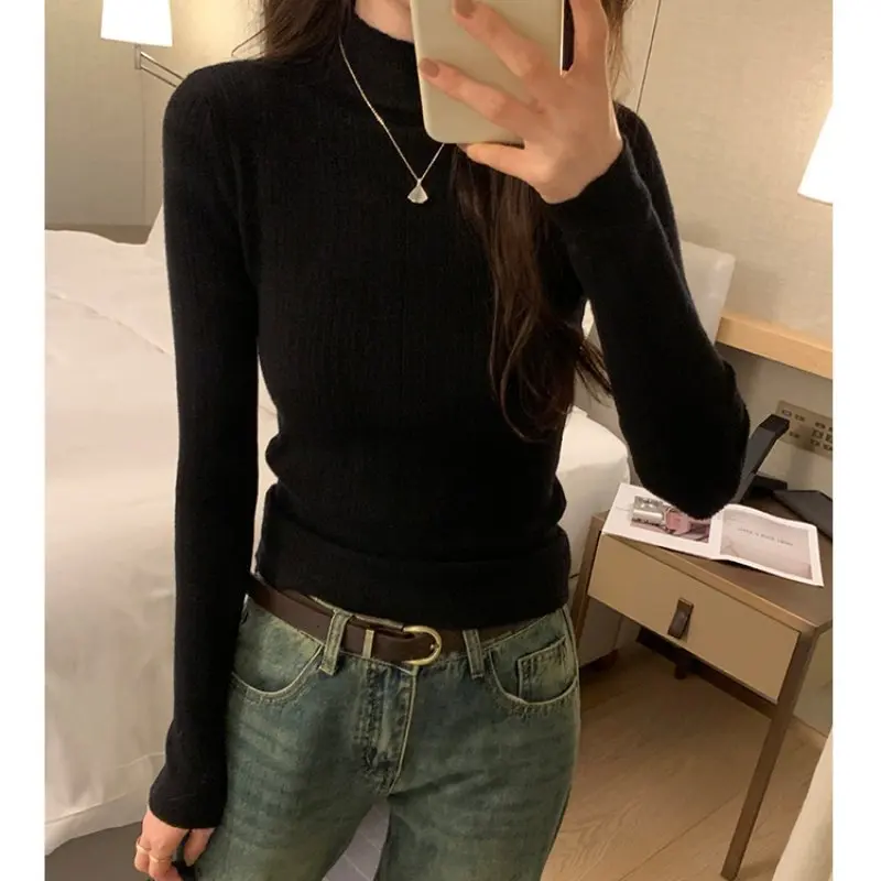 Blue Slim Fit Knitted Base Shirt Women's Autumn Winter High End Feeling Soft Cozy Tea Scents Long Sleeve Half High Collar Swe...