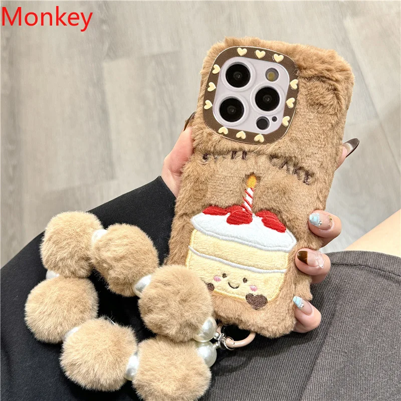 3D Cute Doll Cream Cake Phone Case For Apple iPhone 16Plus 15 14 13 12 11 Pro Max Fluffy Plush Bracelet Soft Silicone Back Cover