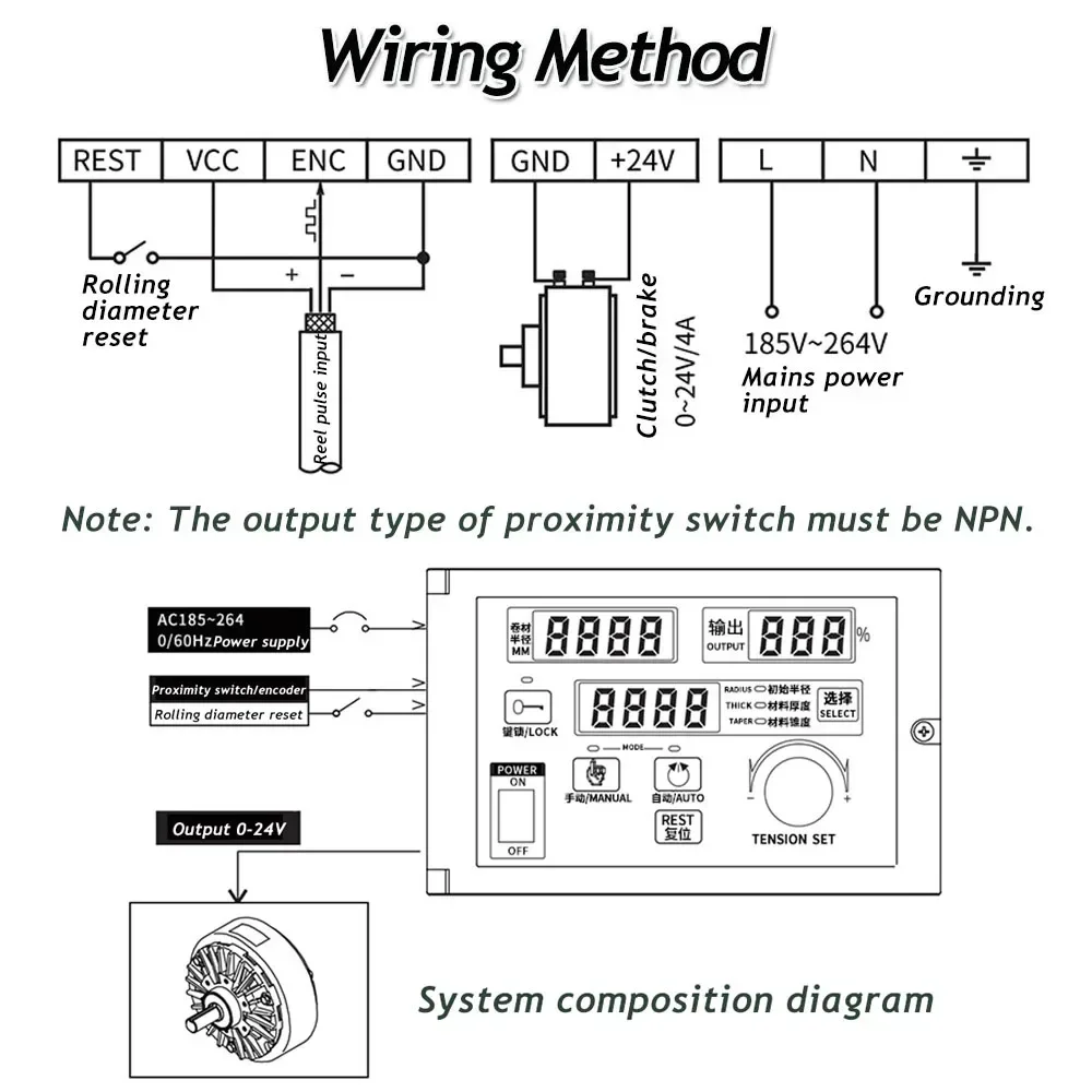 Manual  Semi-automatic Roll Diameter Tension Controller 4A & Hall Sensor Magnetic Powder Brake Clutch Potentiometer PLC Control