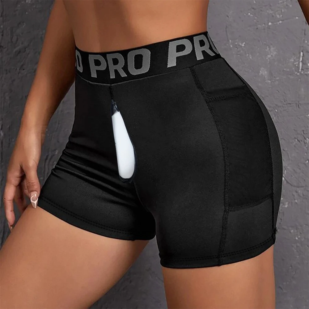 

Letter Print Extended Zipper Open Crotch Yoga Shorts Summer Outdoor Fitness Gym Women Bottoms