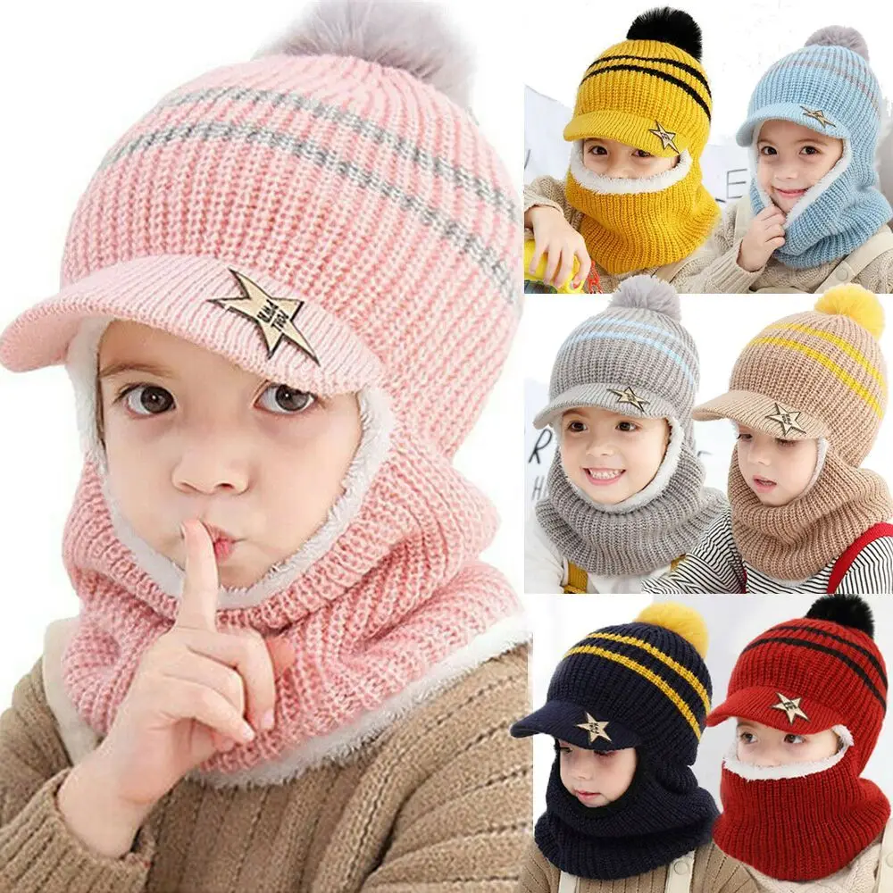 

Windproof Balaclava Hat Scarf Ear Protection Cap Hooded Scarf Earflap Kids Beanie Hats Knitted Cap Fleece Lining Baseball Caps
