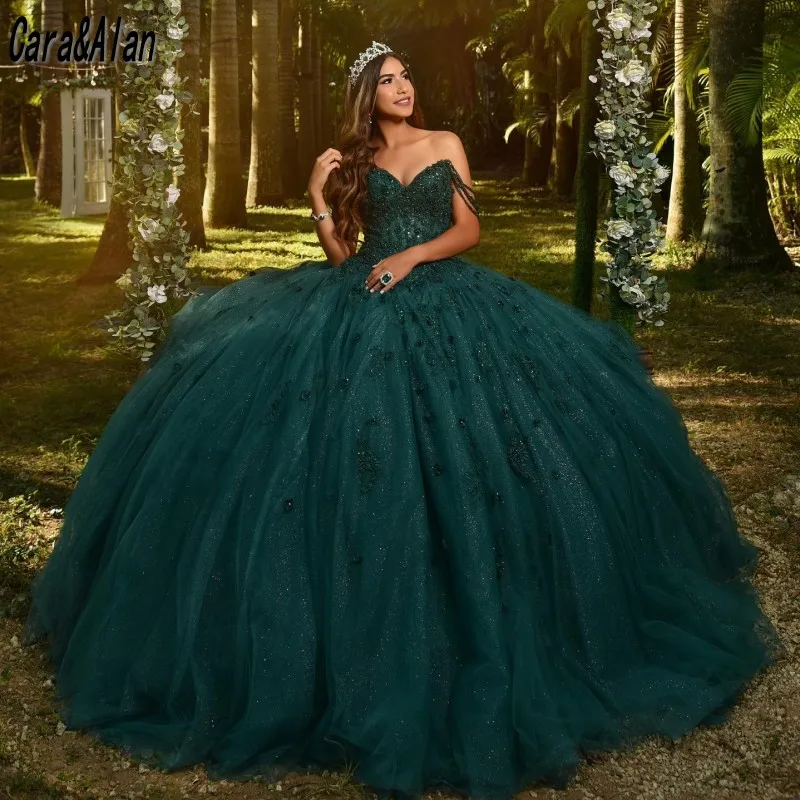 Vestidos Elegantes De quinceañera con lentejuelas para niñas, Vestidos De princesa con escote Corazón y hombros descubiertos, Vestidos De cumpleaños con cordones De 15 Años